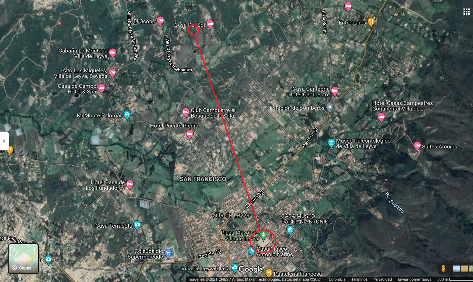 Vista satelital que traza la distancia entre la Plaza Mayor de Villa de Leyva y el lote La Ensenada 5658 en la vereda El Roble
