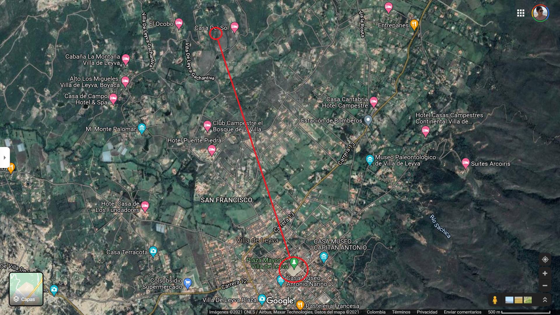 Vista satelital que traza la distancia entre la Plaza Mayor de Villa de Leyva y el lote La Ensenada 5658 en la vereda El Roble